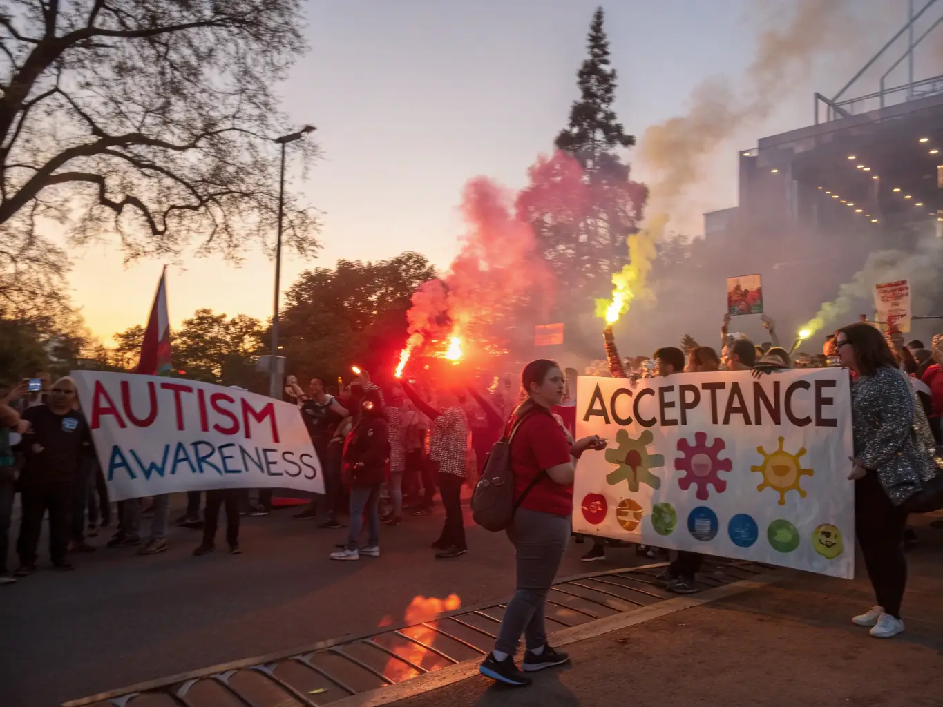 Community members at a rally advocating for autism awareness.
