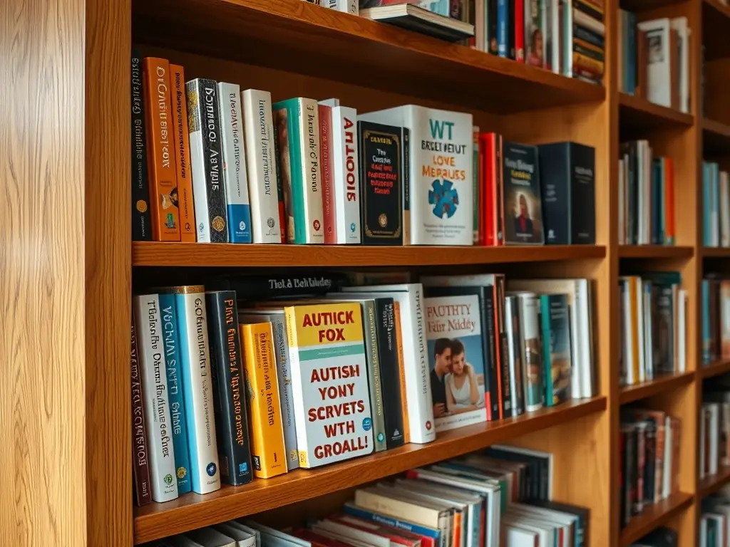 A collection of educational books on autism on a wooden shelf.