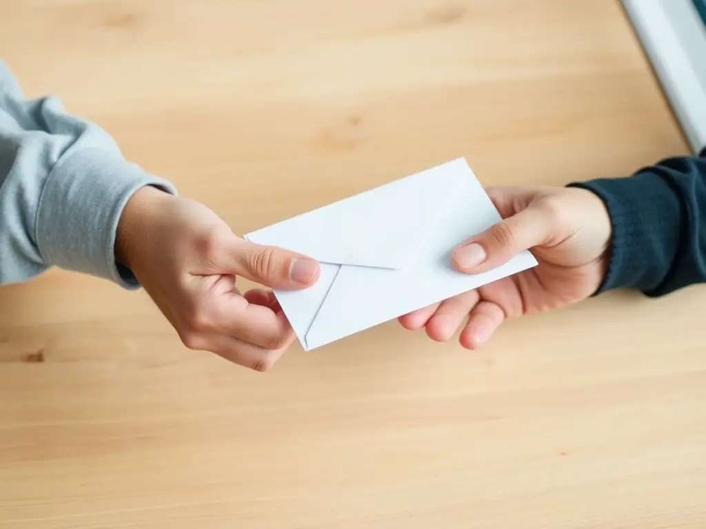 Close-up of hands exchanging a donation envelope.