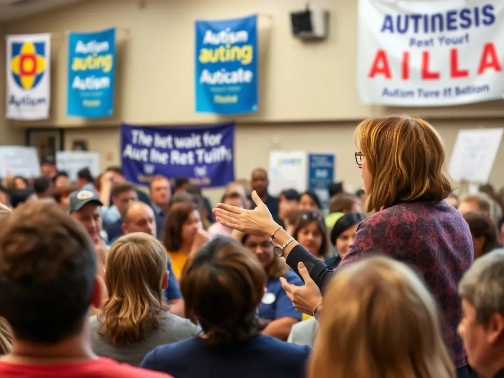An advocate speaking at a community event about autism awareness.