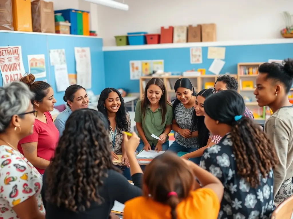 A diverse group collaborating in a community center.