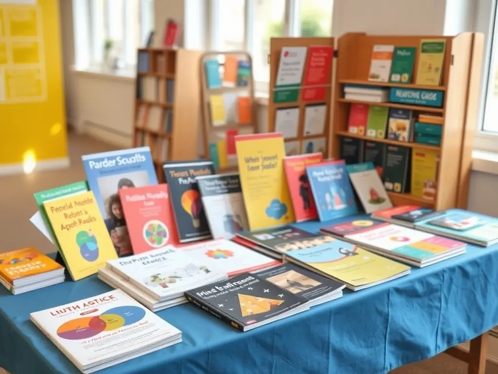 A collection of educational materials displayed on a table.