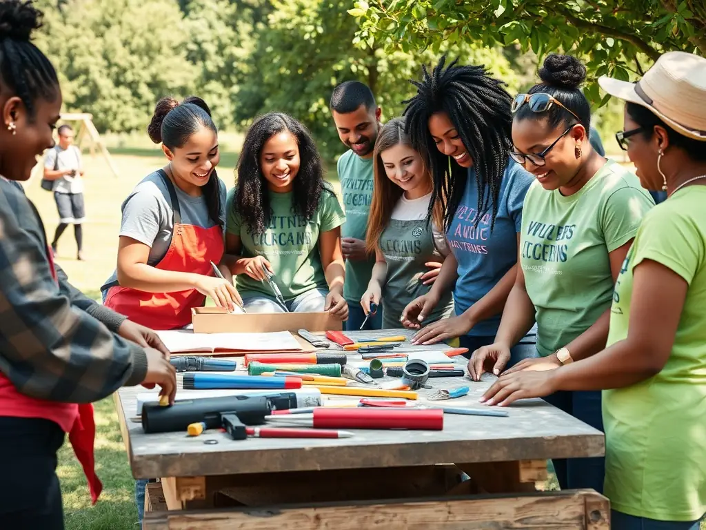 A group of diverse volunteers collaborating on a community project.